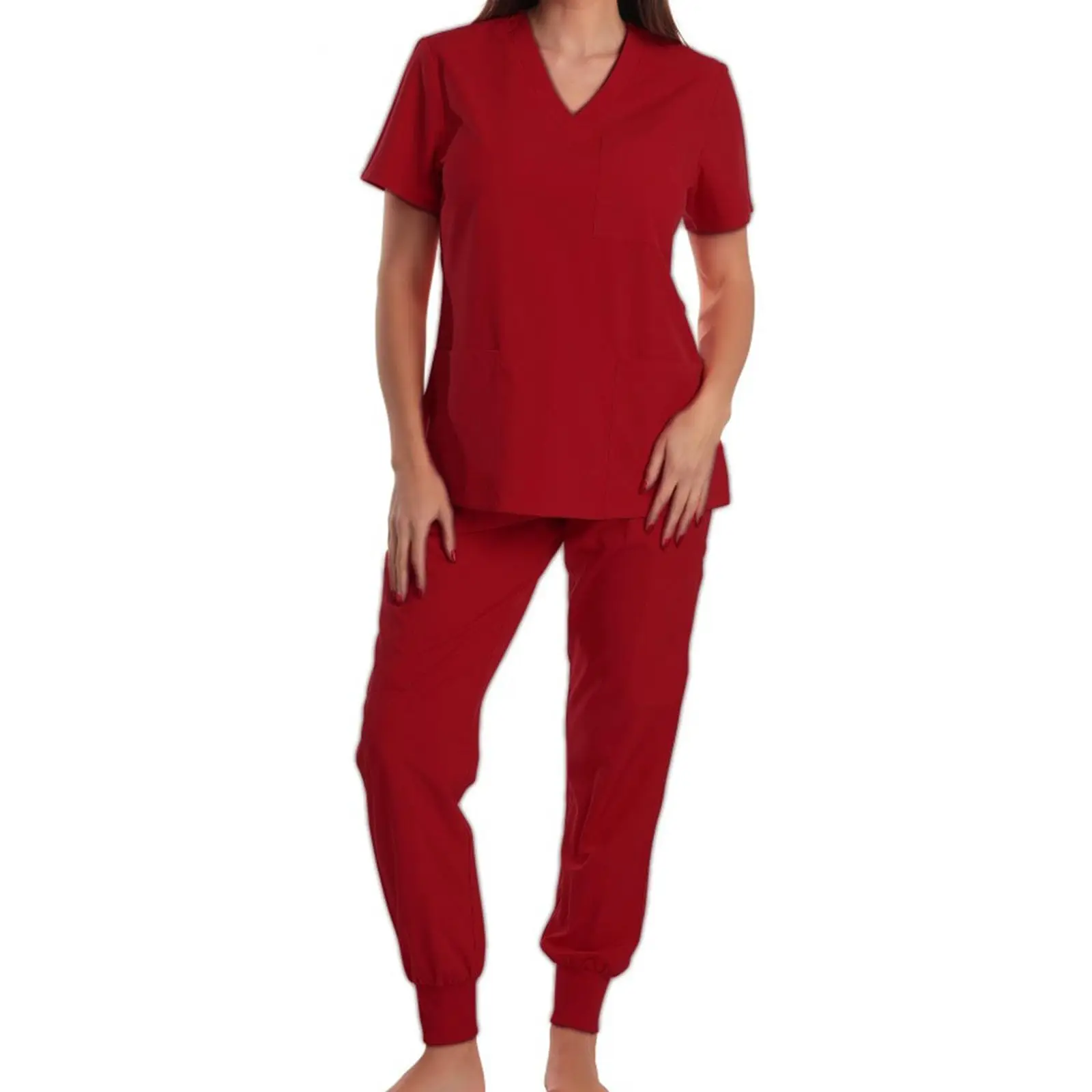 Women's Nurse Scrub Set V-Neck Short Sleeve Multi-Color Jogger Pants Multi-Pocket Medical Uniform Healthcare Workwear