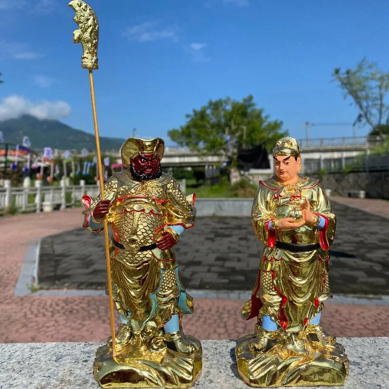Zhou Cang & Guan Ping Statues Hand-Carved Gilded Hinoki Wood Taoist Guardian Generals, Pair of Guan Yu Protectors (17cm / 30cm)