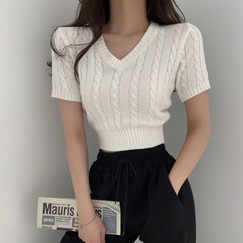 Korean Simple V-neck Knitted Slim Short-sleeved Top for Women Crop Top