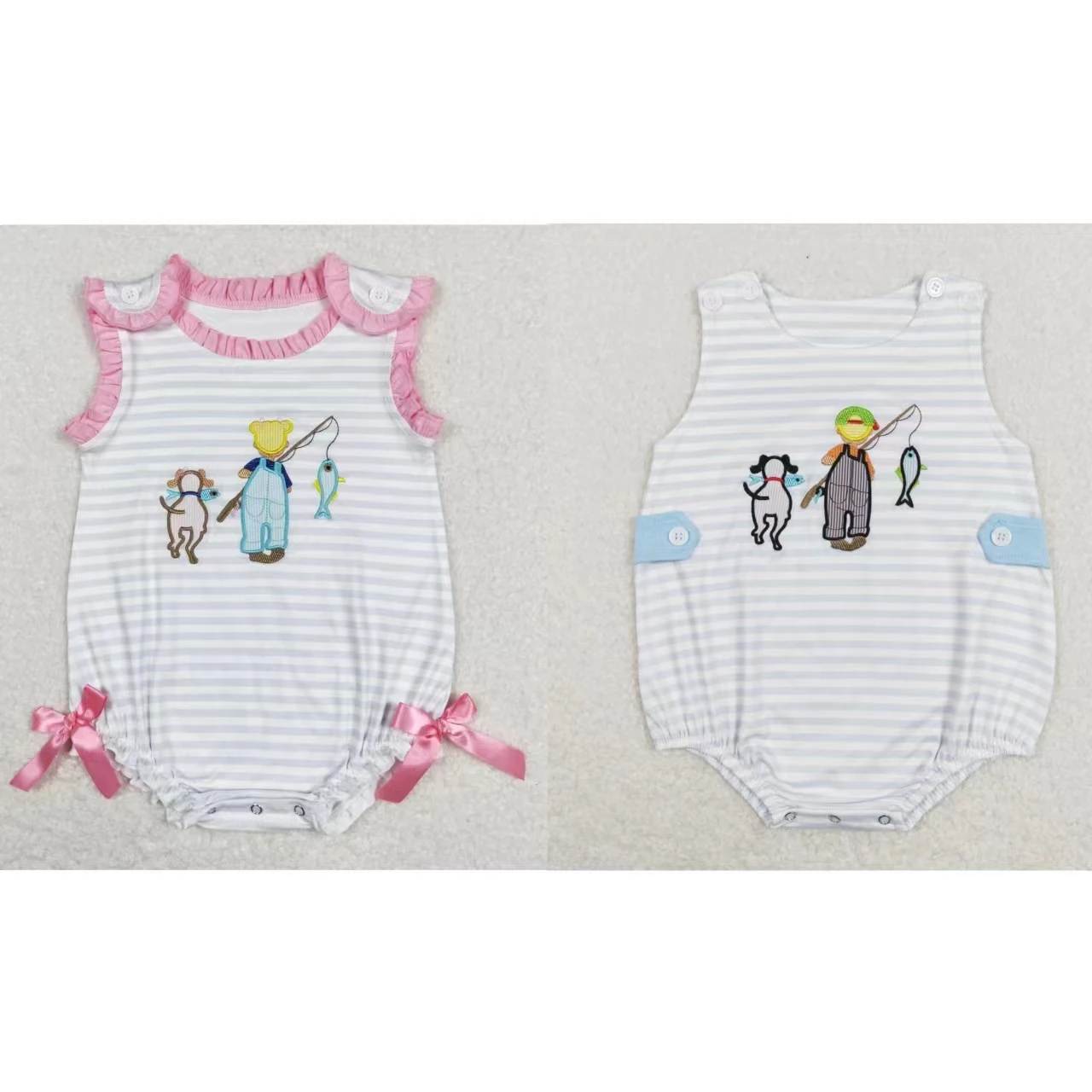 Wholesale Children Newborn Embroidery Fishing Romper Toddler Kids Sleeveless Jumpsuit Baby Boy Girl One-piece Stripes Clothes