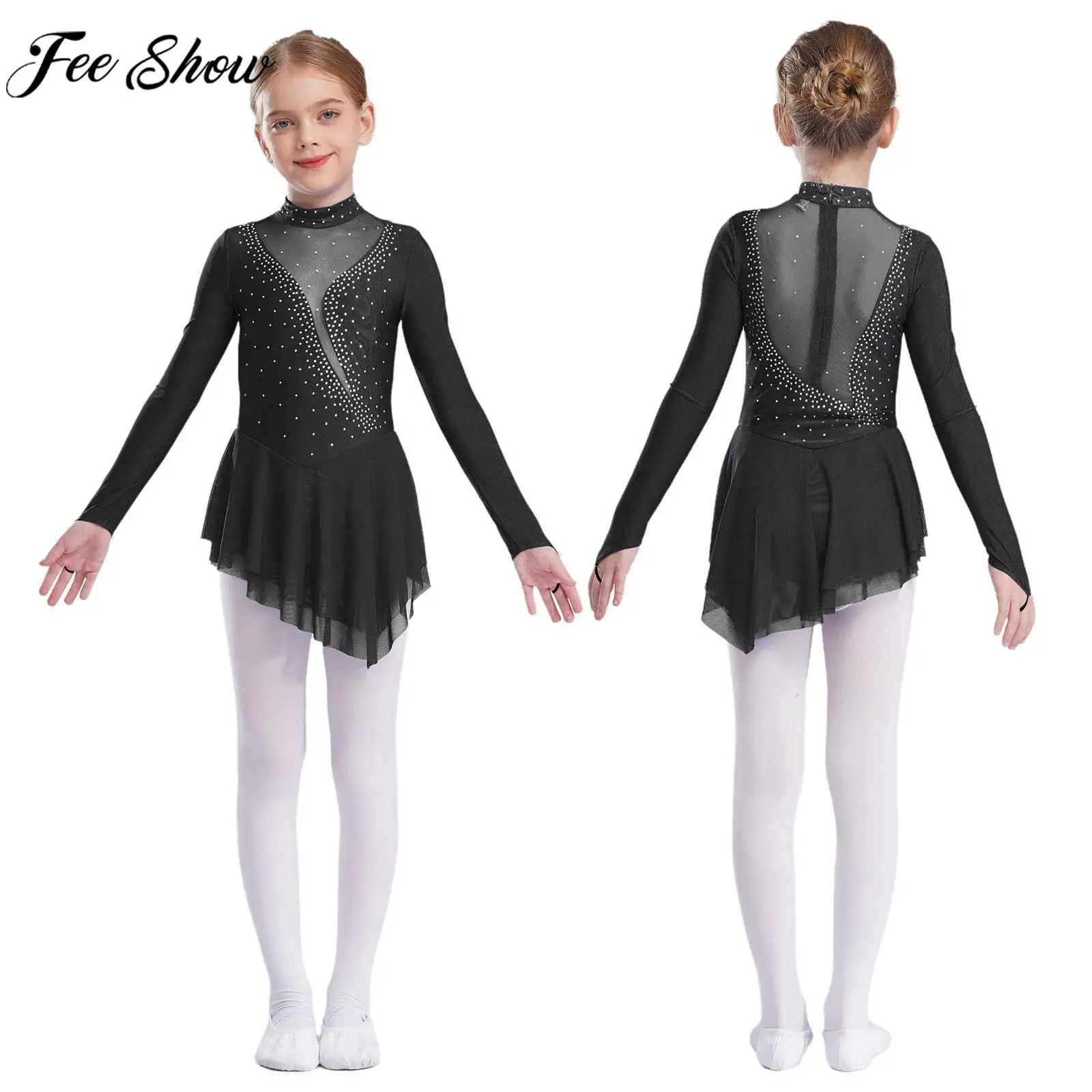 Children Girls Figure Skating Modern Lyrical Dance Ballet Gymnastics Costume Long Sleeve Rhinestones Sheer Mesh Leotard Dress