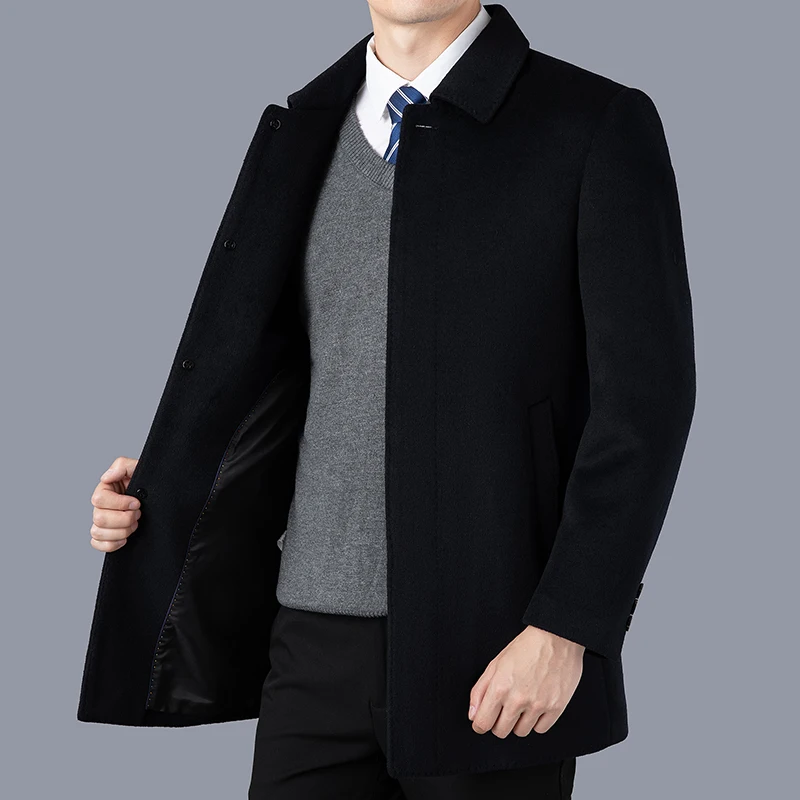 

Classic Autumn Winter Men's Solid Color Woolen Coats Business Casual Wool Overcoat Thick Warm Top Windbreaker Long Trench Jacket