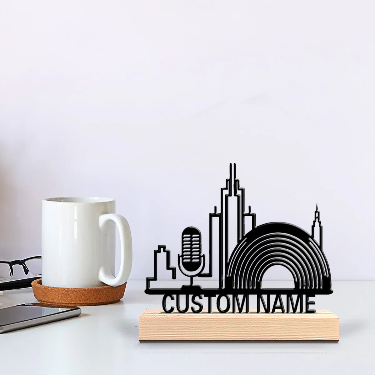 1pc Stylish Personalized Custom broadcasting Metal Statues Symbolic desktop decoration with wooden base gift male theme office