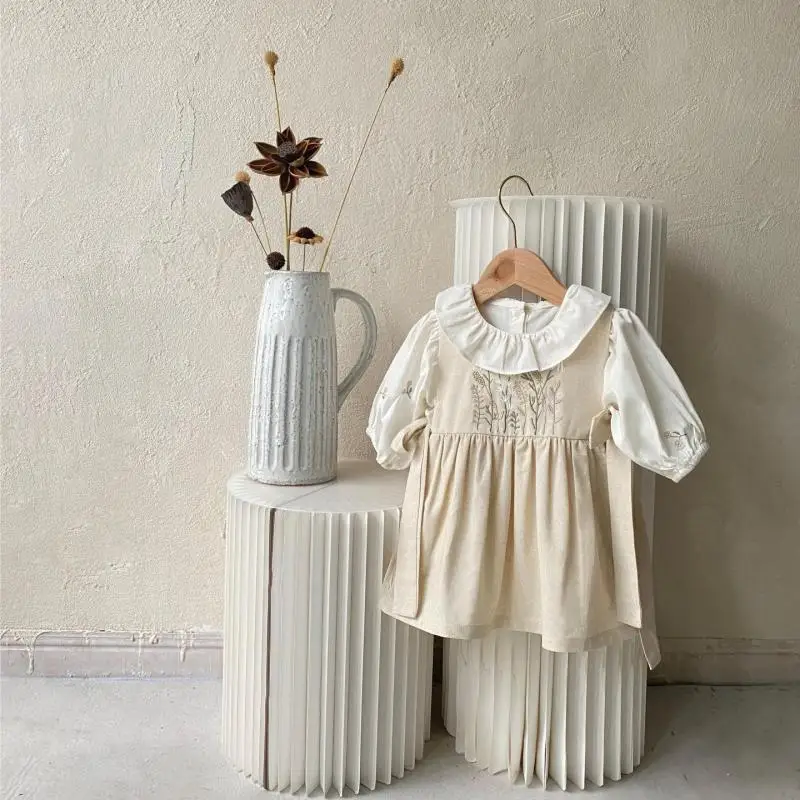 2026 Summer New Baby Girl Sleeveless Bow Tie Vest Dress Cute Girls Flower Embroidery Princess Dress Cotton Toddler Clothes