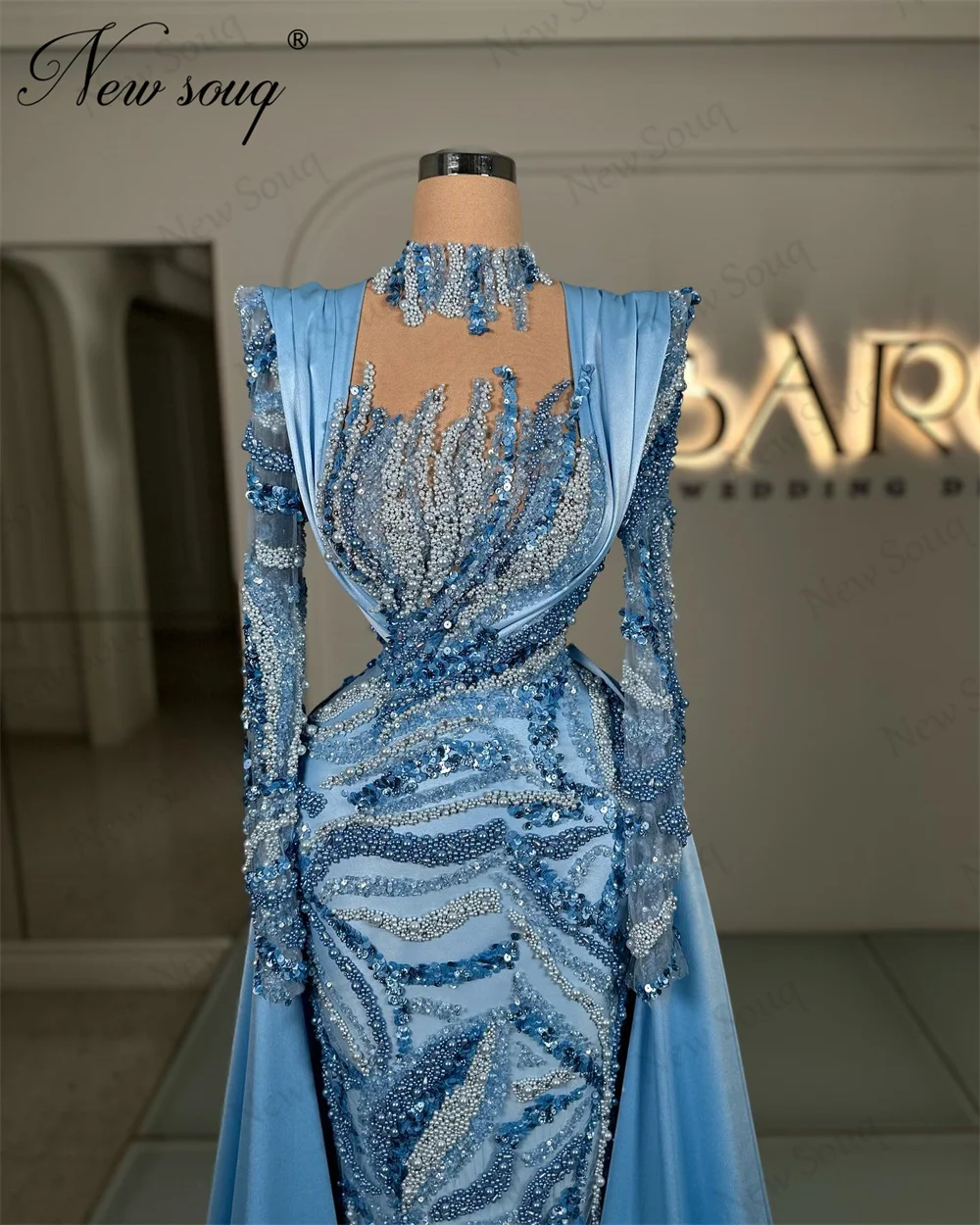 Blue Beading Mermaid Evening Dresses Elegant Crystals Long Sleeves Prom Dress Arabic Dubai Women Wedding Party Gowns Robes 2024