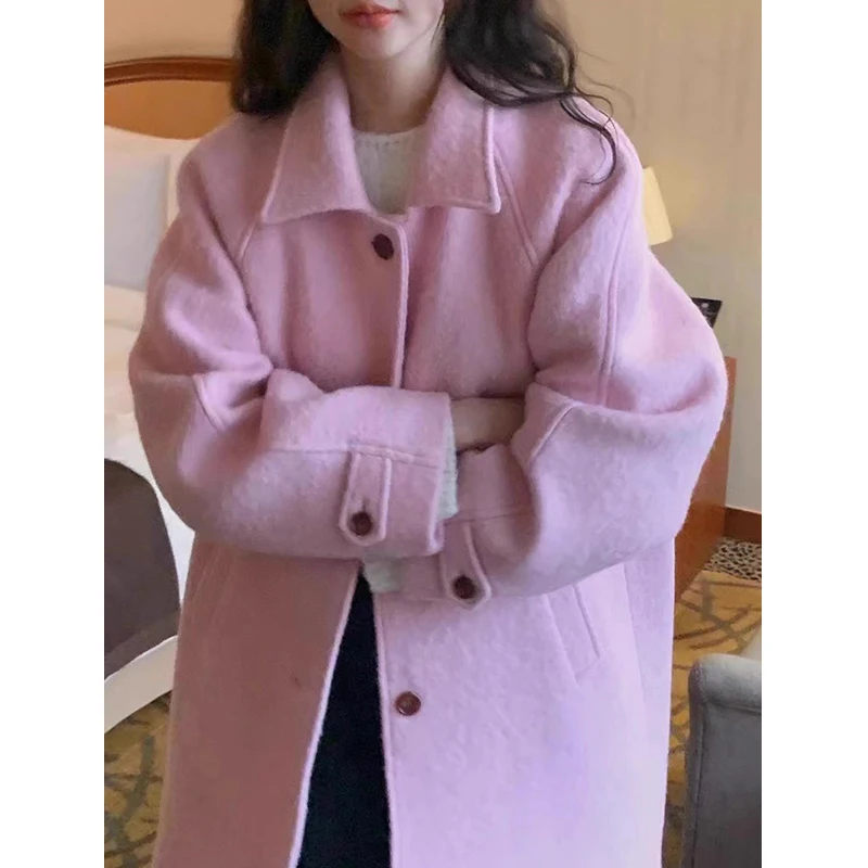 ChicAutumn/WinterElegantLapel싱글-브레스티드 미디엄-LengthWoolenJacket오버코트 다용도 루즈핏 솔리드컬러