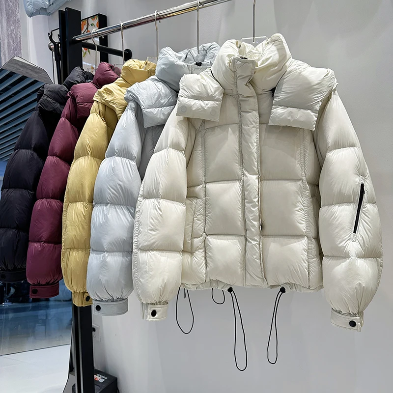 

Winter Chic Short Puff Hooded Down Jacket Women White Duck Down Drawstring Down Jacket Female Thicken Warm Loose Parker Outwears