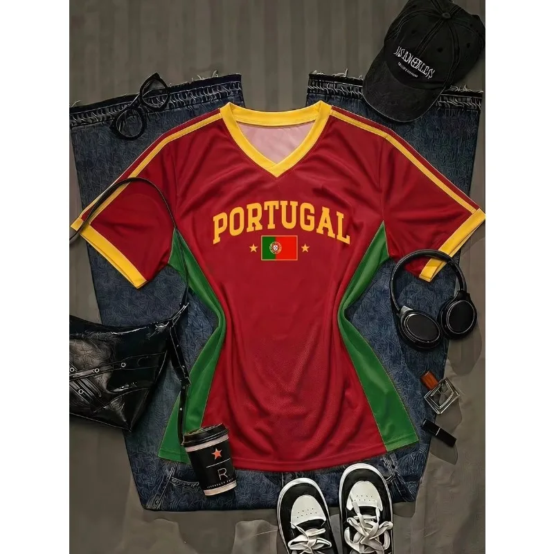 2026 Trendy Unisex Match Atmosphere Support T-shirt Portugal Brazil England USA Printed T-shirt Women's Casual V-neck T-shirt