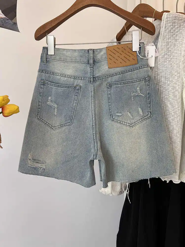 女性ラインストーンデニムショーツ夏ハイウエストジッパー光沢のあるブルーショーツアメリカンカジュアルファッション女性リッピングショートジーンズ