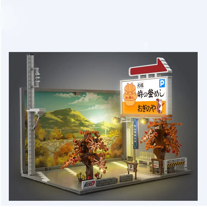 Creative Initial D Anime Building Block Scene Architecture City Street View Car Parking Model Sets Toys Collection With Light