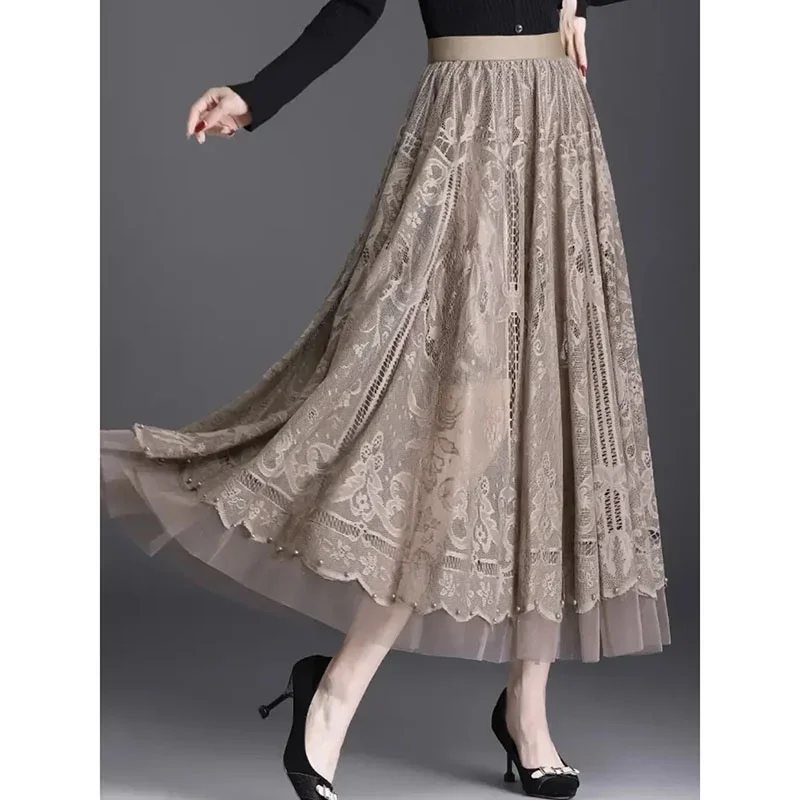 Lace Long Skirt Women 2025 Spring Summer Elastic High Waist A-Line Hollow Out Studded Long Skirt Female Elegant Lace Midi Skirt