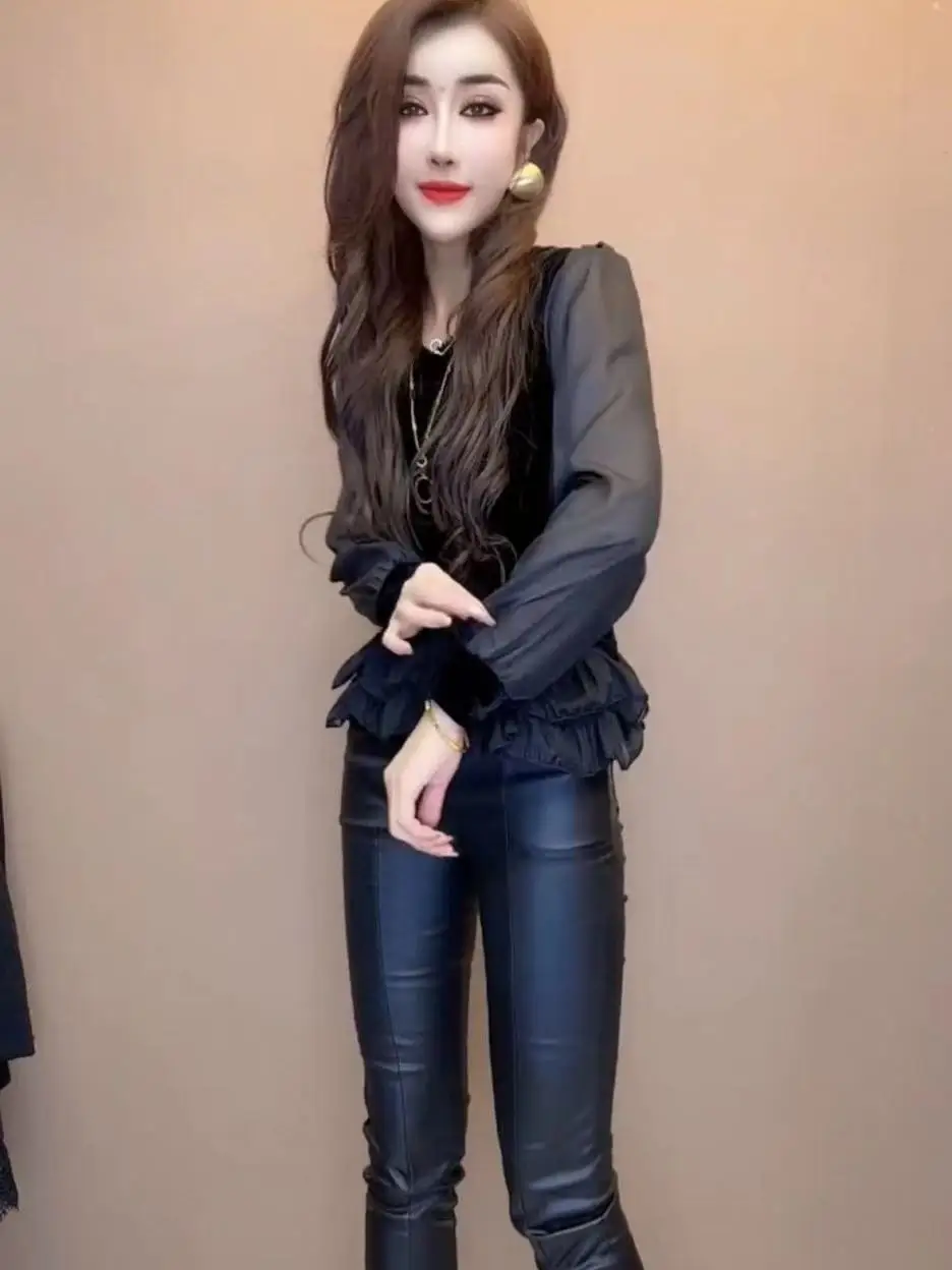 Korean style autumn and winter new style fashionable slim long-sleeved top for women's fashionable spliced velvet shirt