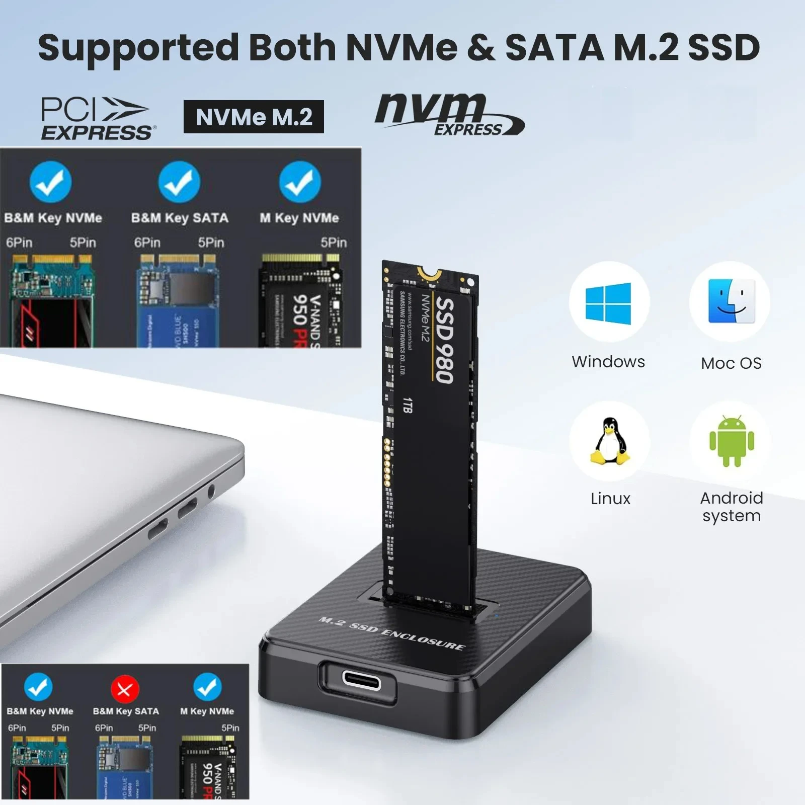 NVMe/SATA M.2 Duplicator Dual-Bay Offline Clone USB C to NVME/SATA Docking Station for M2 SSD M Key and B+M Key Hard Drives