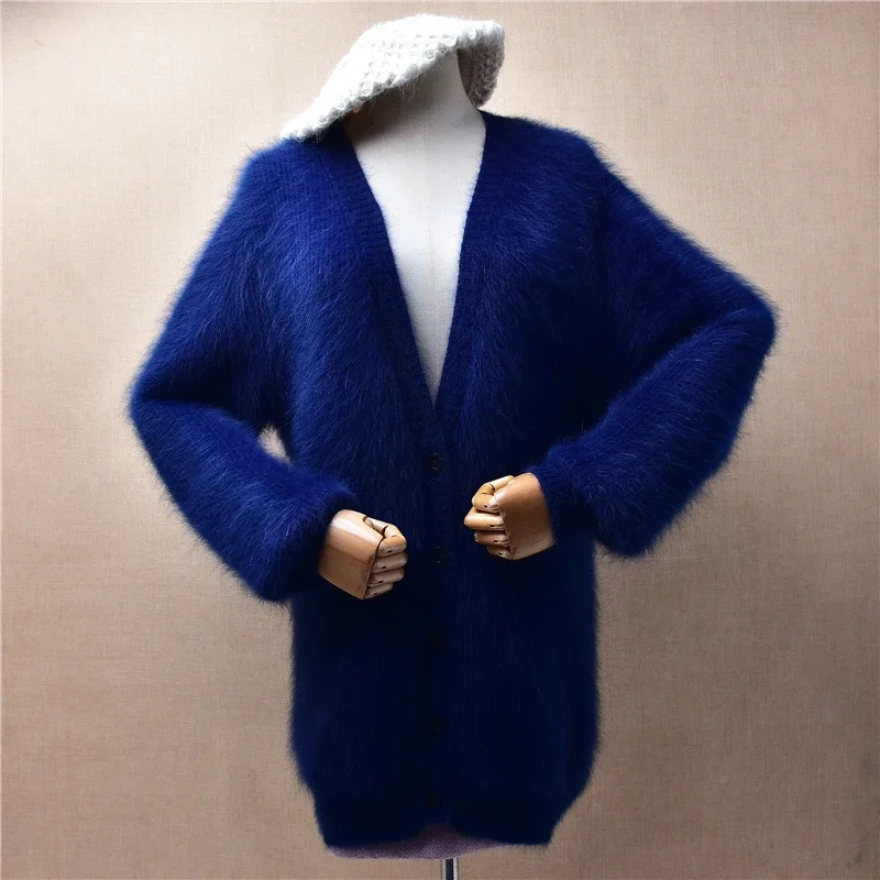 Women Mujer Autumn Winter Thick Warm Blue Hairy Angora Rabbit Hair Knitted V-Neck Long Sleeves Loose Long Sweater Cardigans Coat