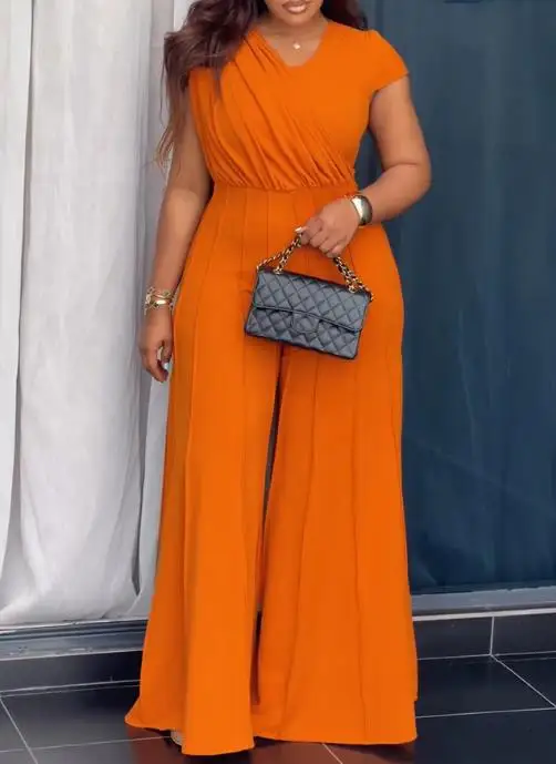 

Jumpsuit Women 2026 New Asymmetrical Neck Short Sleeve Ruched Draped Zipper Back Overalls Casual Seam Design Wide Leg Jumpsuit