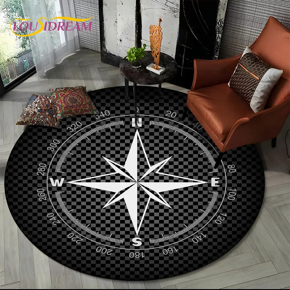 3D Retro Compass Series Circle Area Rug,Round Carpet Rug for Living Room Bedroom Sofa Foot Pad Decor Non-slip Floor Mat Gift