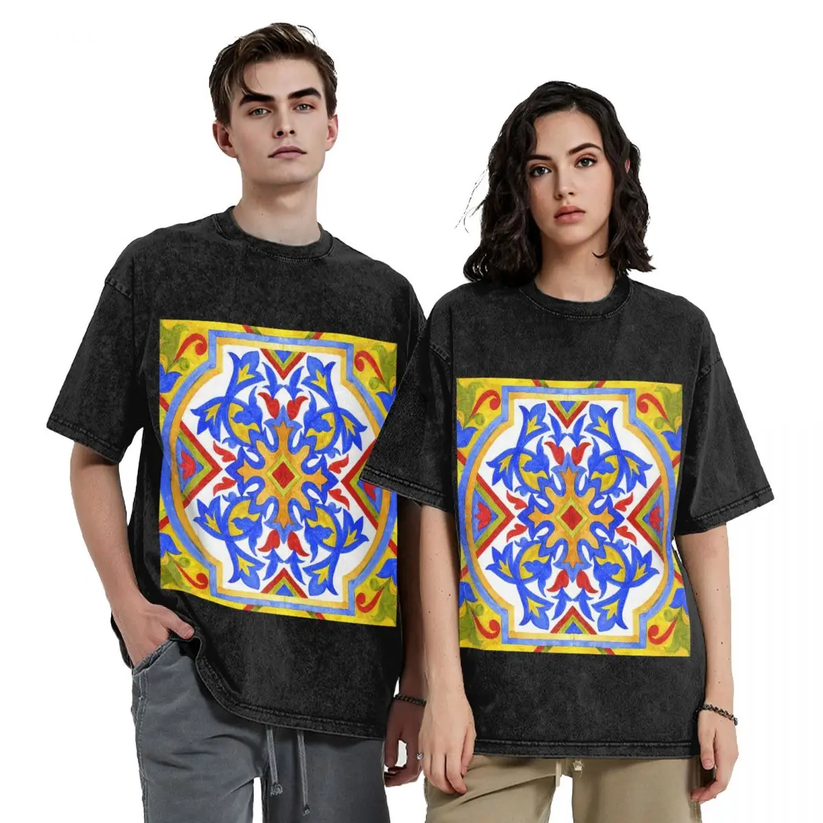 Portuguese Azulejo Tiles Hip Hop Short Sleeve T-Shirts Washed Tops Tees Streetwear T Shirt Harajuku for Men woman