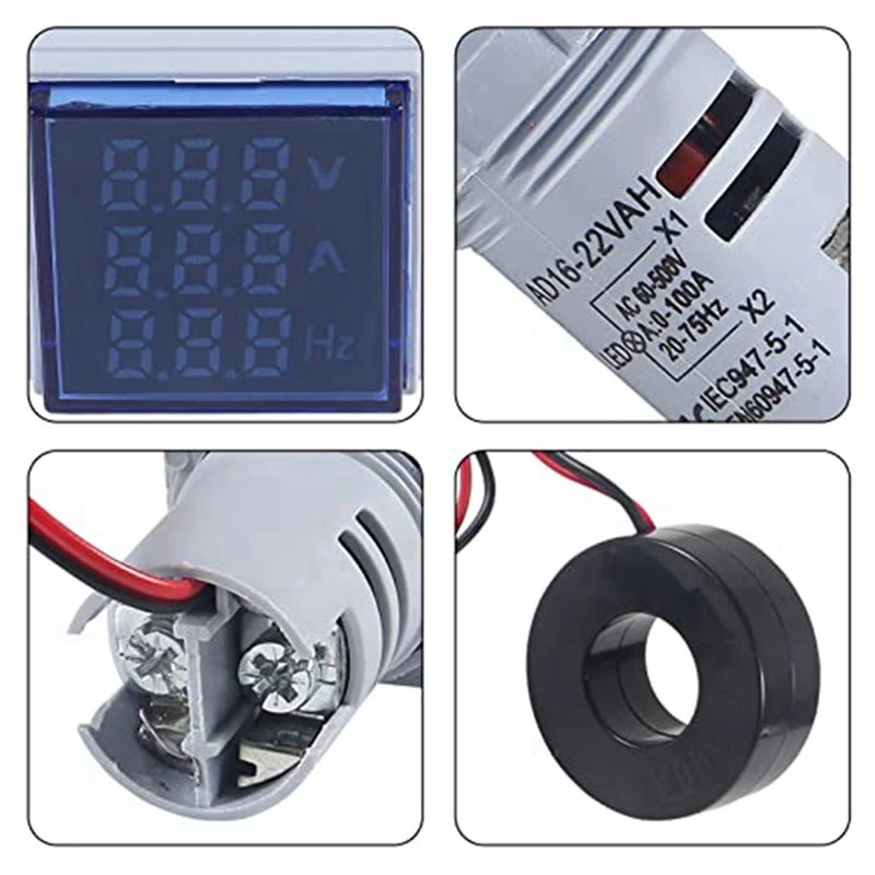 2Piece Current Voltage Hertz Meters Digital 3In1 22Mm Voltmeter Ammeter Hz Meter AC 60-500V