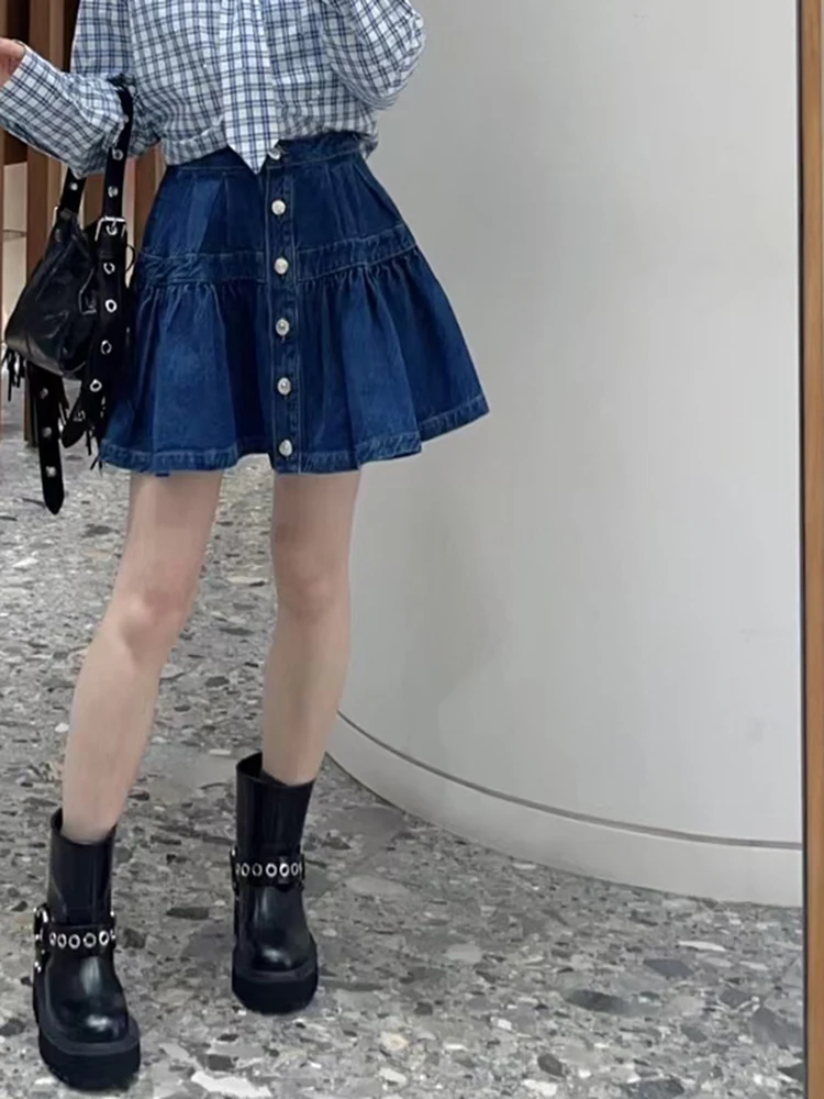 

Spring 2026 High Waist Short Blue Folded A-Line Denim Skirt Women's Half-length Skirts Fashionable Single Button Design