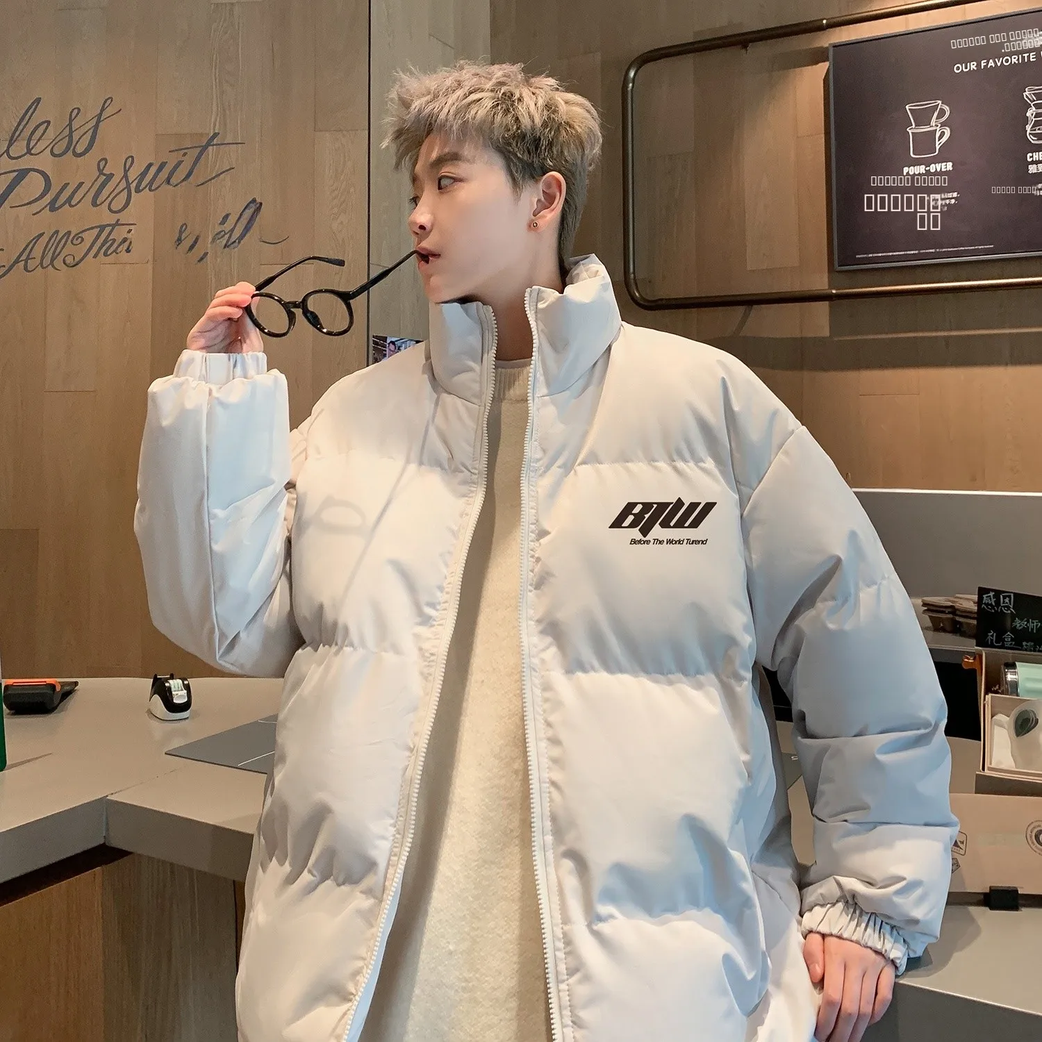 

Men's Winter Thiened Bread Sle down Jaet Youth Casual Warm Coat Zipper Closure Hooded Pure Color Cleanfit Sle