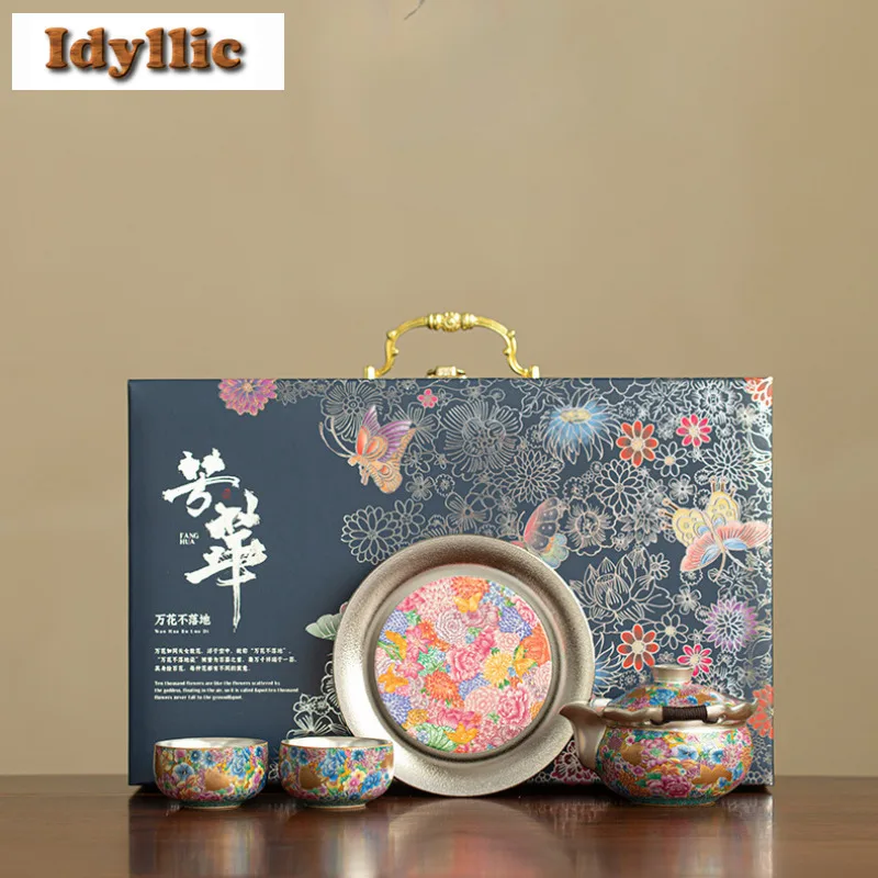 

Gilded Silver Colour Enamel Tea Set Complete Set Creative Tea Ceremony Set Tea Brewing Teapot And Tea Cup Set Cafes Decoration