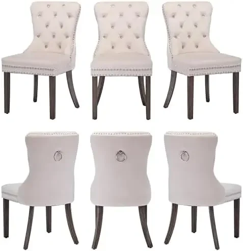 Velvet Dining Room Chairs Set of 6, Button Tufted, Wood Legs, Beige | Stylish and Comfortable for Dining Rooms