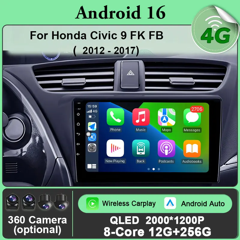 

Android 16 для Honda Civic 9 FK FB 2012-2017 Автомобильный радиоприемник Carplay Мультимедийный видеоплеер Навигация Стерео GPS DSP IPS 4G WIFI