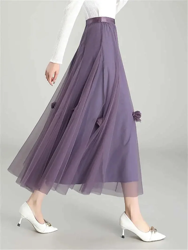 한국 여성용 단색 메쉬 빅 스윙 스커트 여성용 신상 하이웨이스트 롱 스커트 봄 여름 여성 패션 레저 맥시 스커트