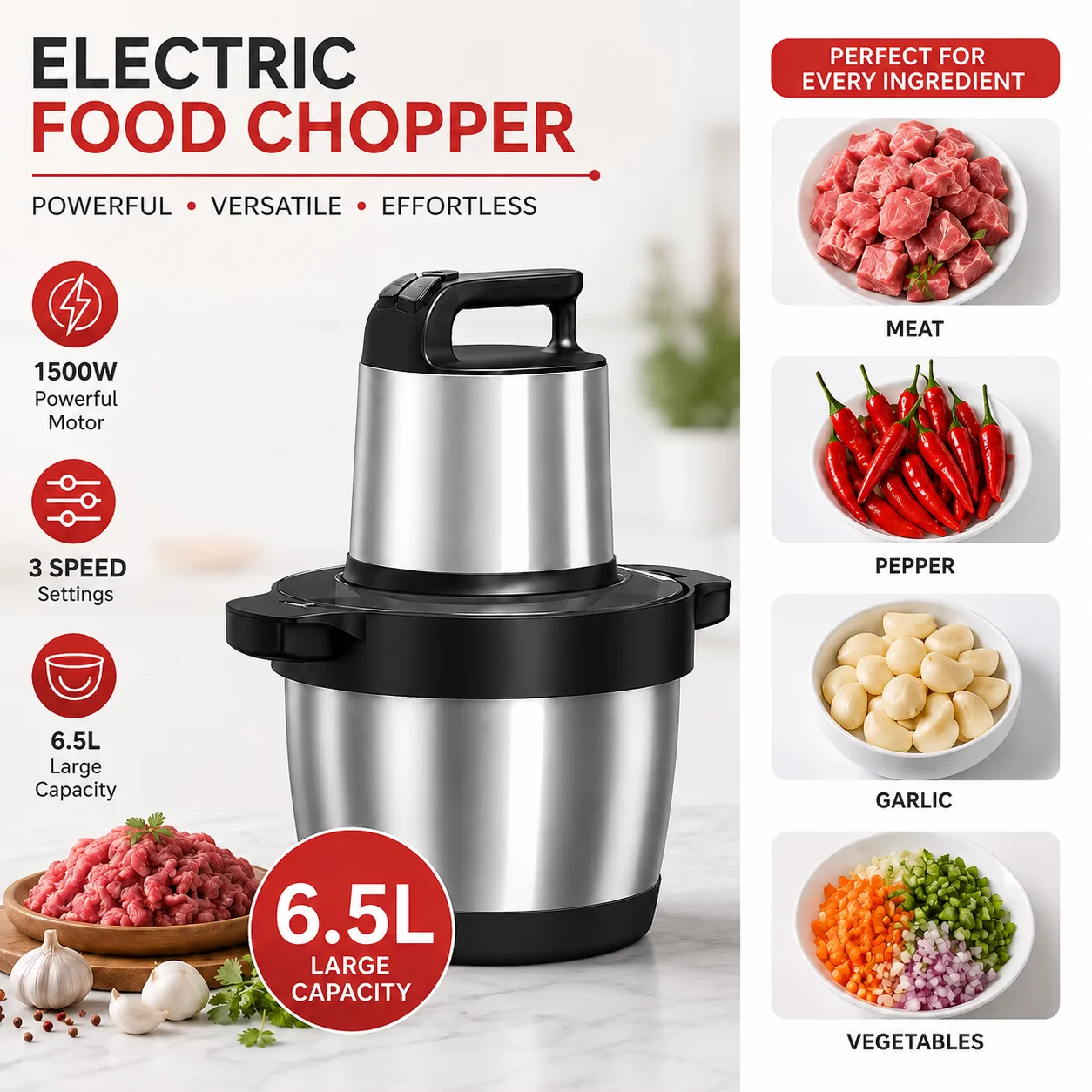 1500W 6,5L Edelstahl Küchenfleischzerkleinerer 3-Gang-Leistungsstarker Motor 4-Schicht-Klinge Gemüsezerkleinerer Zwiebel-Knoblauch-Mühle