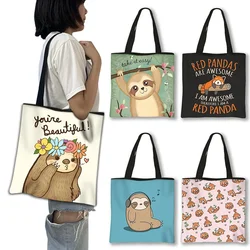 Cute Animal Sloth Red Panda Printing Shoulder Bag Women Shopping Bags Reusable For Travel Canvas Handbag Eco Reusable Totes Bags