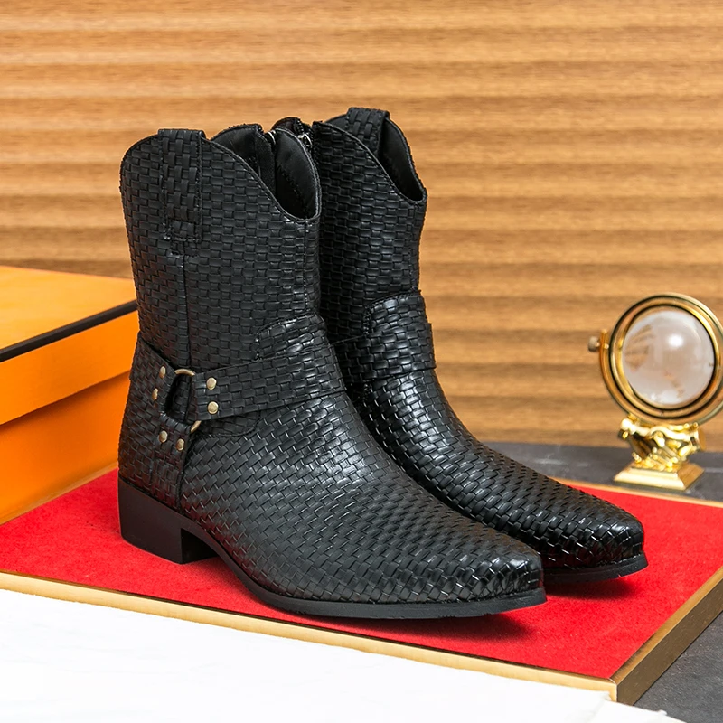 

Luxury High Heels Men Ankle Combat Boots Male Comfortable Business Dress Shoes Pointed Toe Cowboy Boots Fashion Chelsea Shoes