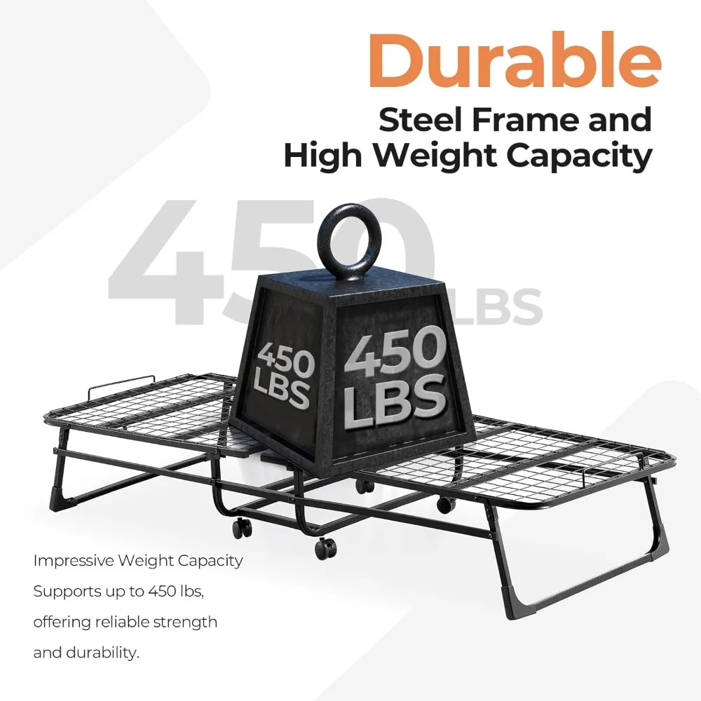 Materac z pianki memory składany - łóżko rozkładane 75x31 dla dorosłych, przenośne i oszczędzające miejsce, wytrzymała metalowa rama z kółkami, idealny