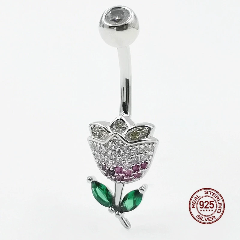 925 Sterling Silver Navel Piercing Zircon Flower Belly Button Ring for Women Rose Belly Piercing Ring Body Jewelry Summer Gift