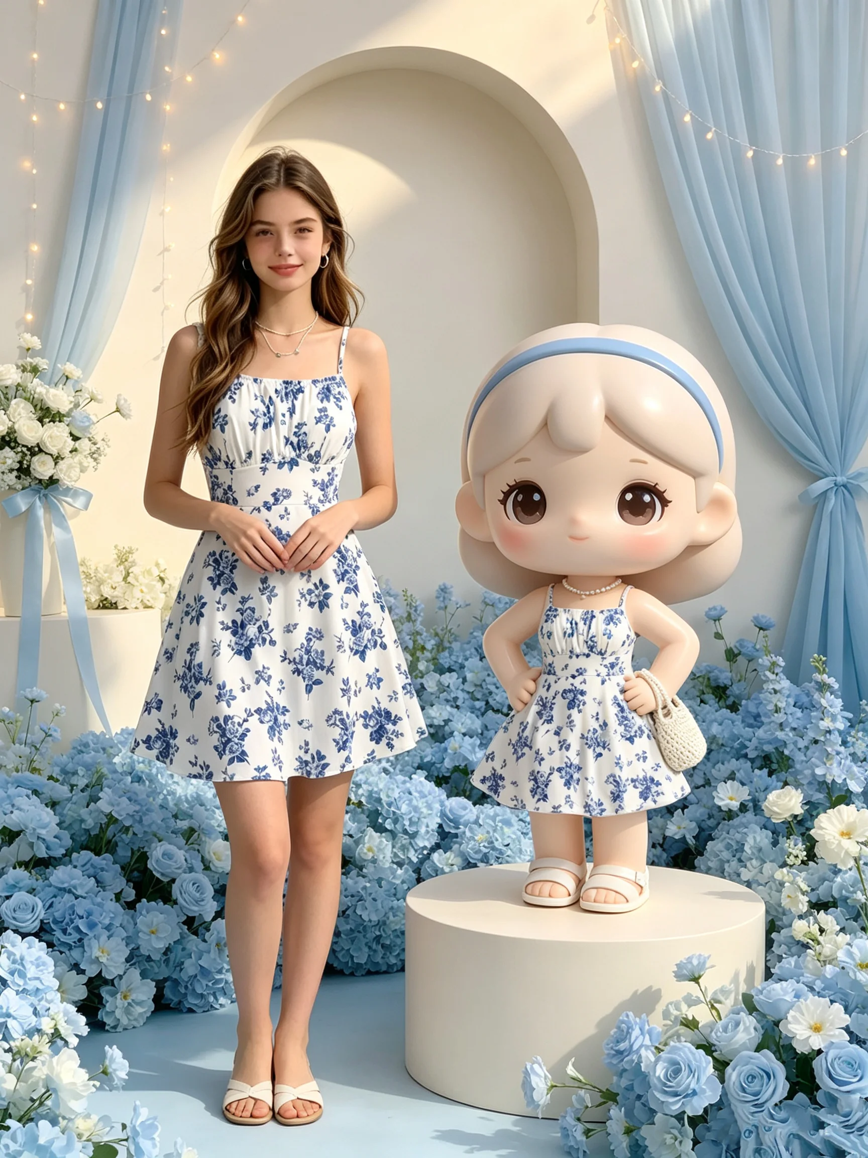 Teenagers' Flower Print Camisole Dress with Waist Cinching Tie-Up Mini Skirt Length Children's Clothing