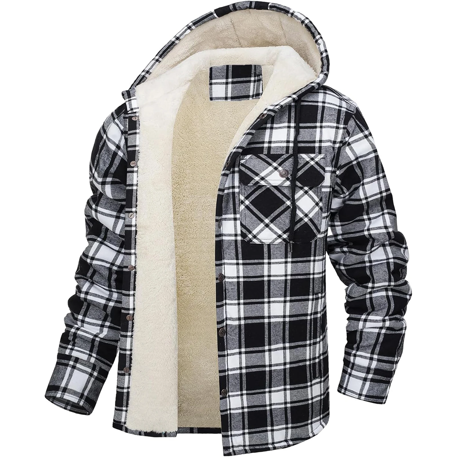 

Thick Warm Flannel Hooded Jacket Mens Heavy weight Hooded Fleece Jacket Thicken Warm Button Down Plaid Jacket Outwear Coats