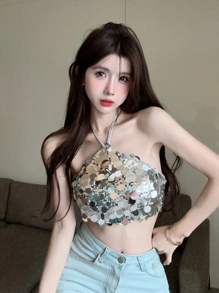 

Unique Heavy-duty Sequin Halterneck Crop Top Women's Summer Outfit Sexy Strapless Vest Korean Style Short Length Pear Shape