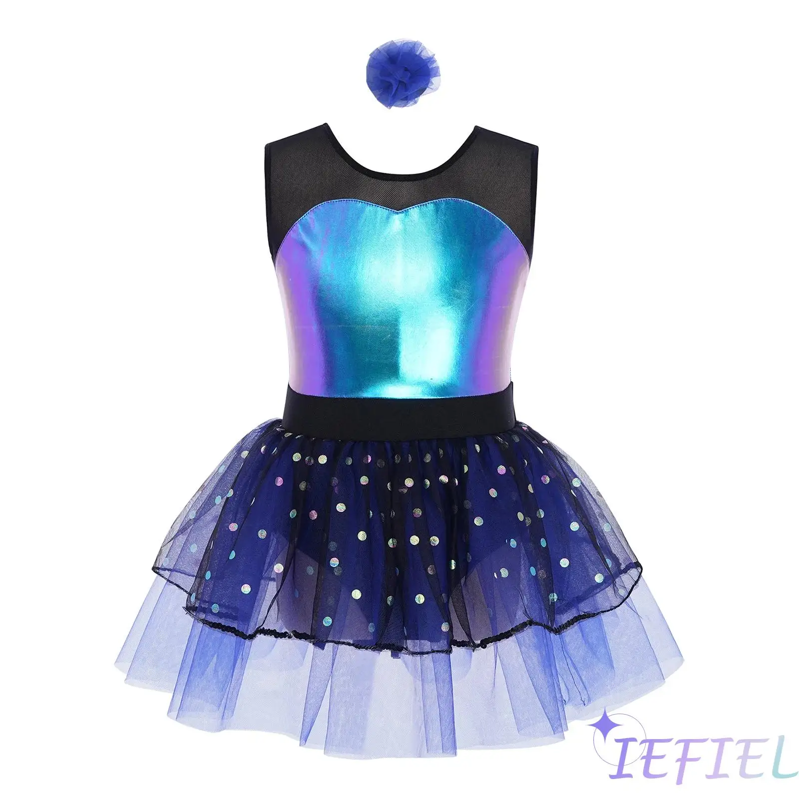 Traje de baile de Ballet para niñas, sin mangas, malla transparente, Patchwork metálico, vestido de baile de Jazz con conjunto de tocados