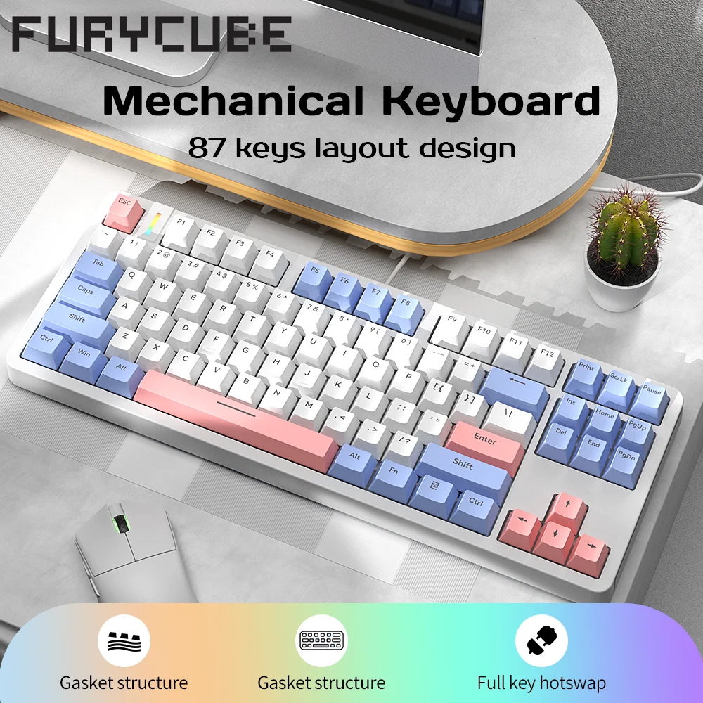 FURYCUBE G87 Wired Mixed Light 80% Mechanical Keyboard PBT Keycaps 87 Keys Hot-Swappable Rainbow RGB Gaming Keyboard