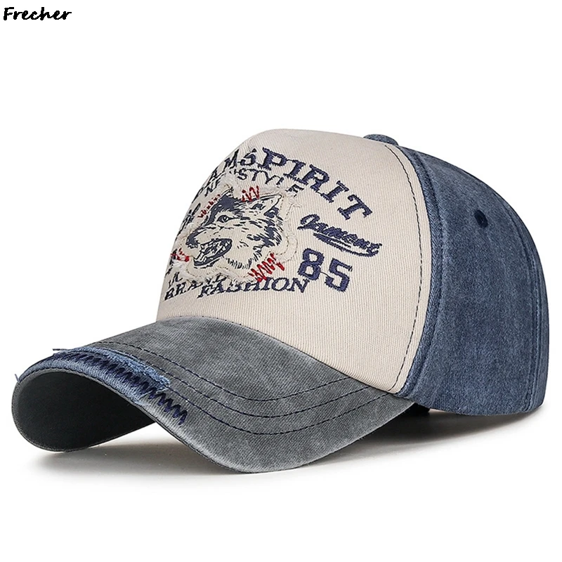 Wolf Pattern Embroidery Baseball Cap Fashion Jeans Visor Caps Washed Denim Snapback Hat Hip Hop Fashion Golf Hats Sports Gorras