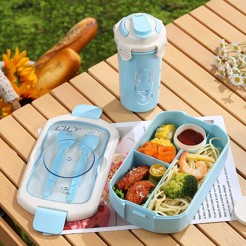 Portable Lunch Box and Water Bottle Set Microwave Safe Divided Sealed Bento Box with Spoon Fork Salad Food Storage Kit for Kids