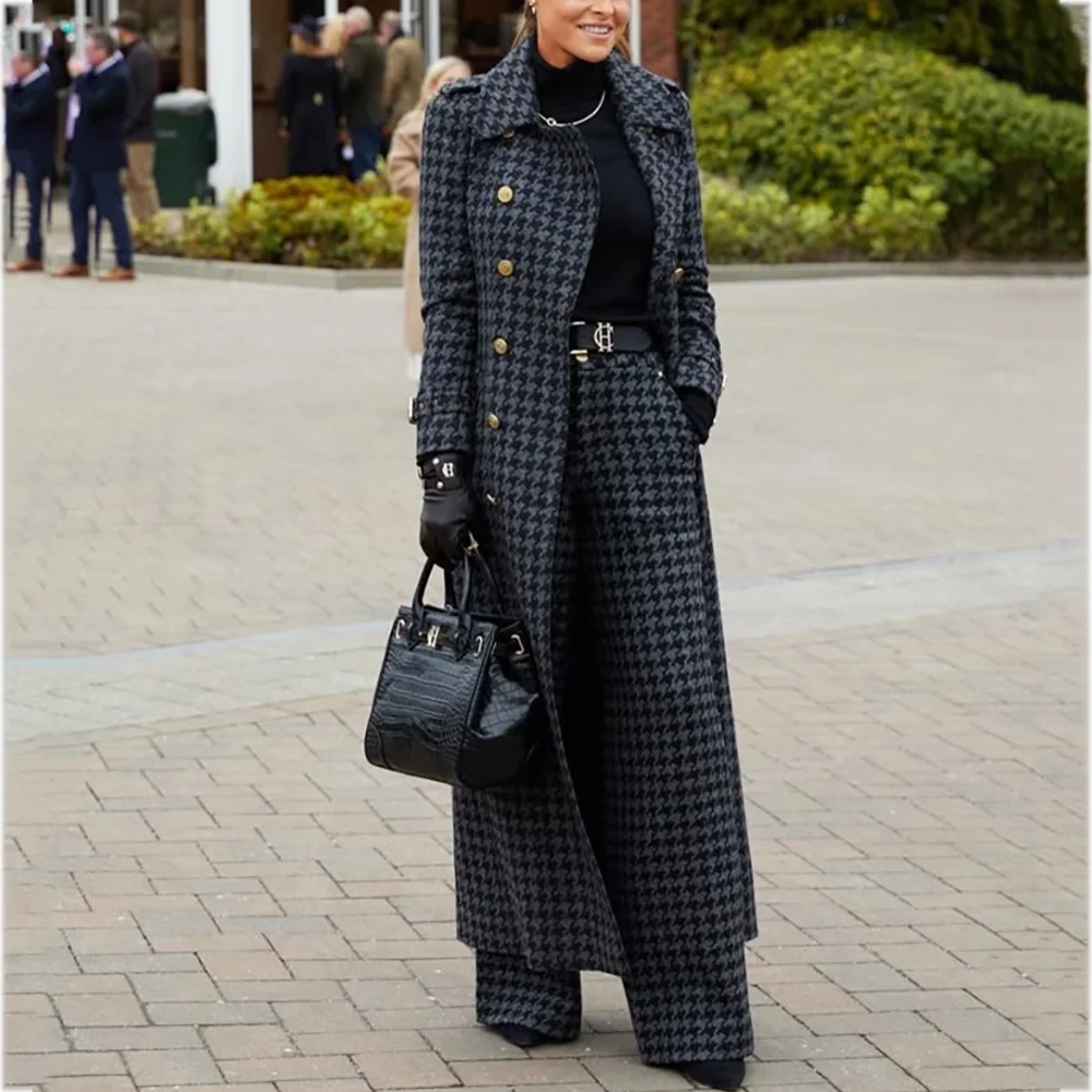 Luksusowy damski garnitur w pepitkę, klasyczny, dopasowany, z klapami w szpic, dwurzędowy, nowoczesny, szyty na miarę, modny zestaw: marynarka i spodnie.