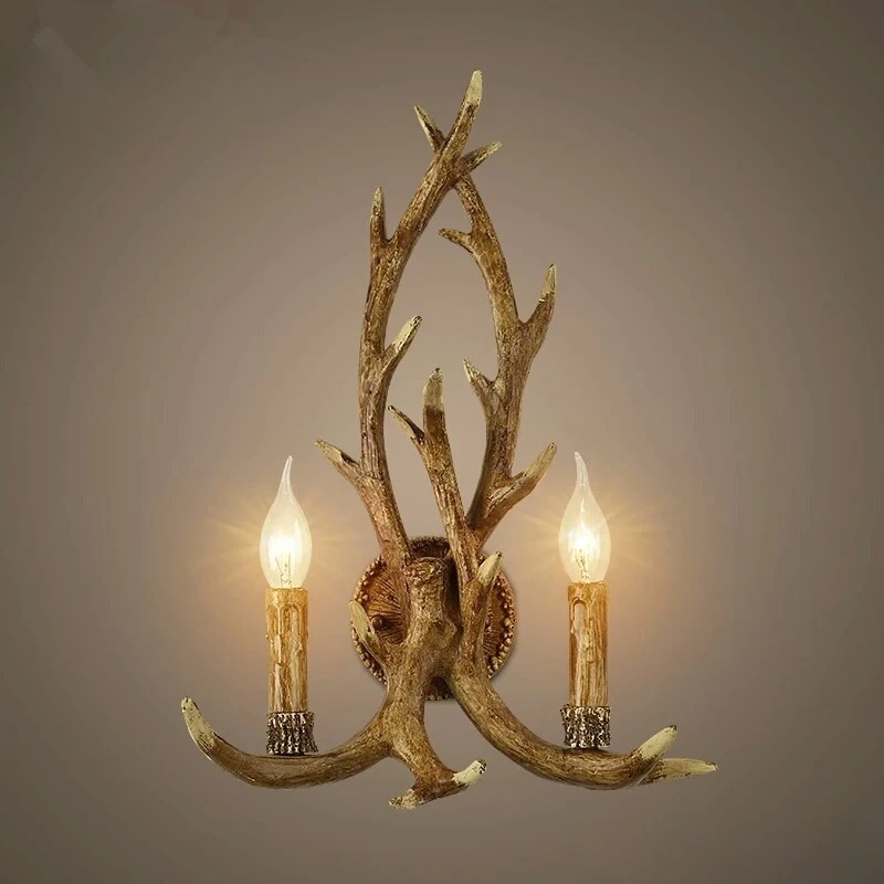 

American Creative Retro Wall Lamp Restaurant Homestay Bar Coffee Shop Personalized Wooden Feeling Resin Deer Antlers Wall Lights