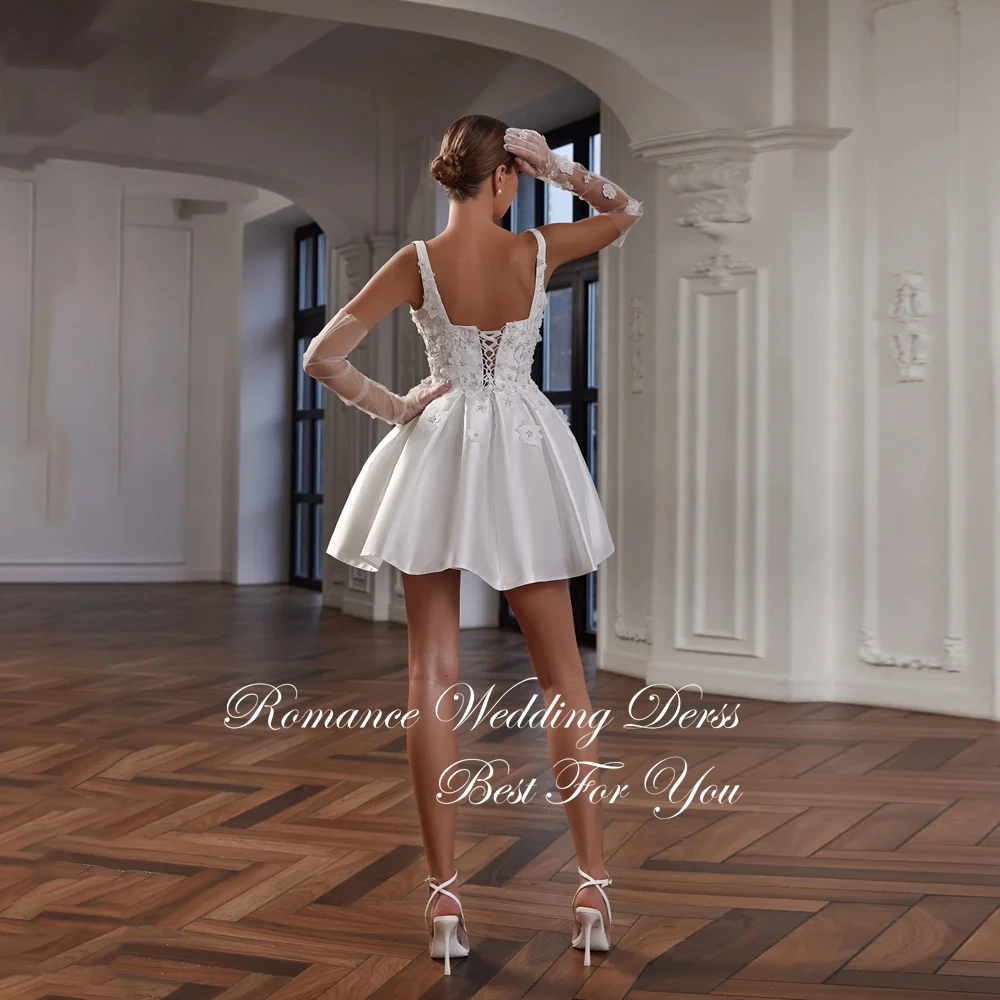 Moderno plissado flores curto a linha vestidos de casamento feminino gola quadrada sem mangas cintas de espaguete vestidos de novia personalizado