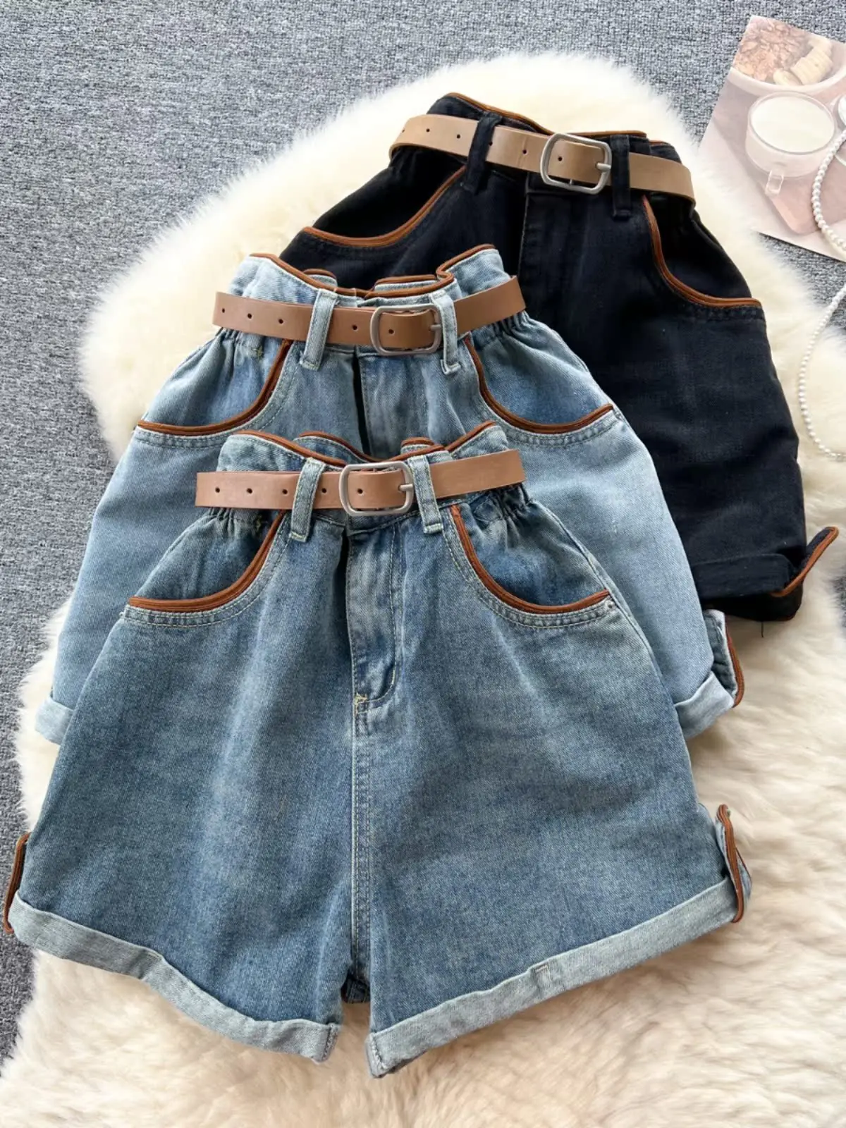 

High Waist Wide Leg ort Jeans Women's Casual American Retro Belted Slimming Summer Hot Pants Faionable Fem orts