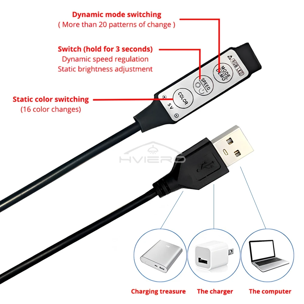 Tiras de luces LED 5V USB 3key 24key Control IR RGB SMD 2835 DC5V 0,5/1/2/3/4/5M cinta de lámpara Flexible diodo TV iluminación de fondo