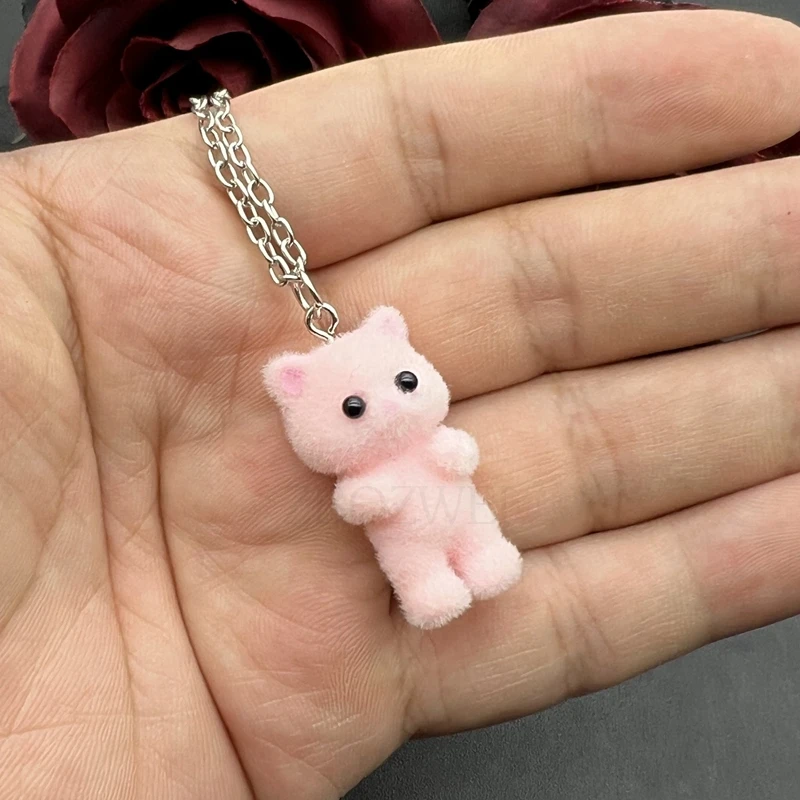 1PCS 3D Cartoon Flocking Cat Necklaces Kawaii Necklace Ring Animal Necklaces Souvenir Gifts for Women Men Pendant DIY Jewelry