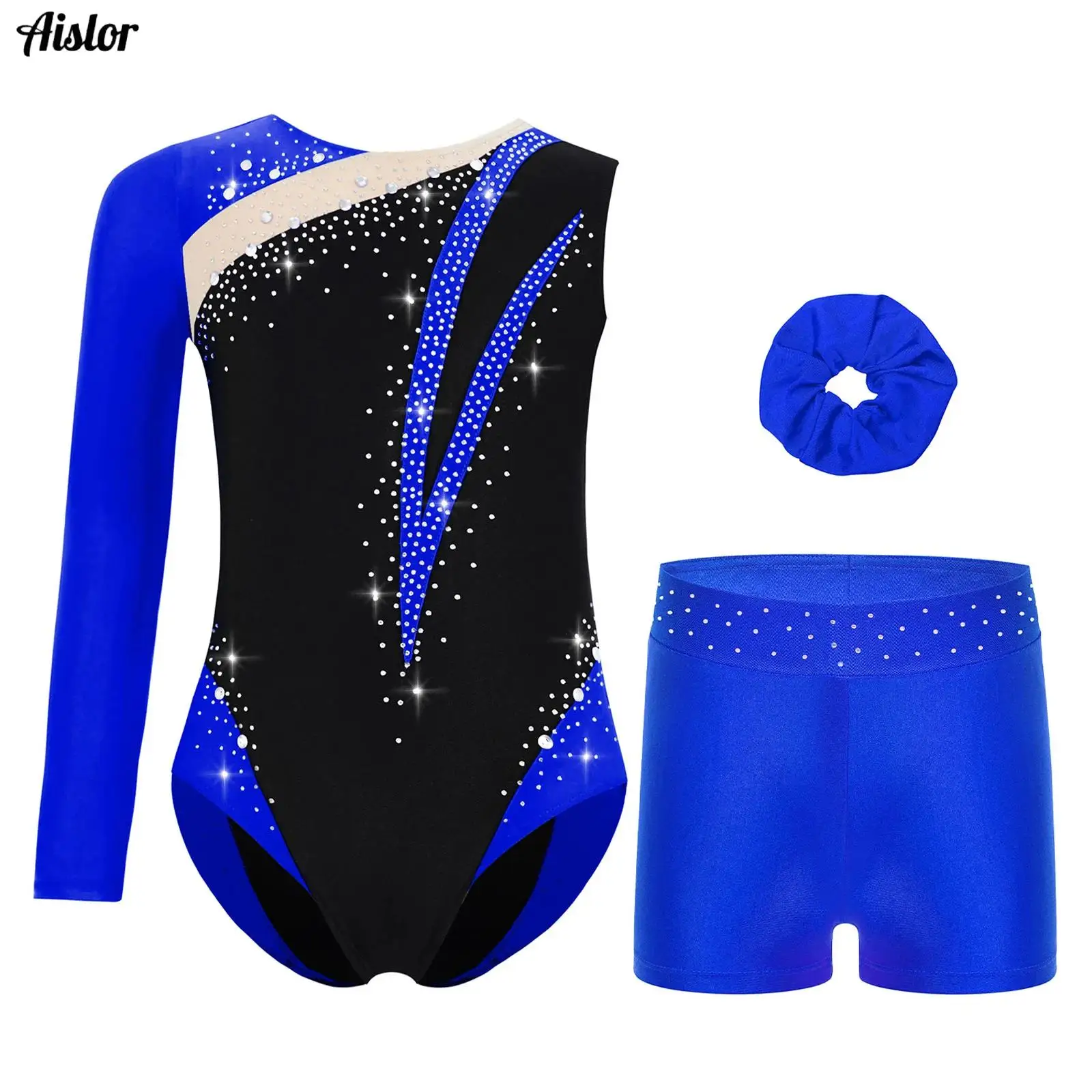 Kids Girls Gymnastics Dance Figure Skating Performance Outfit Shiny Rhinestones Color Block Asymmetrical Leotard+Shorts+Headwear