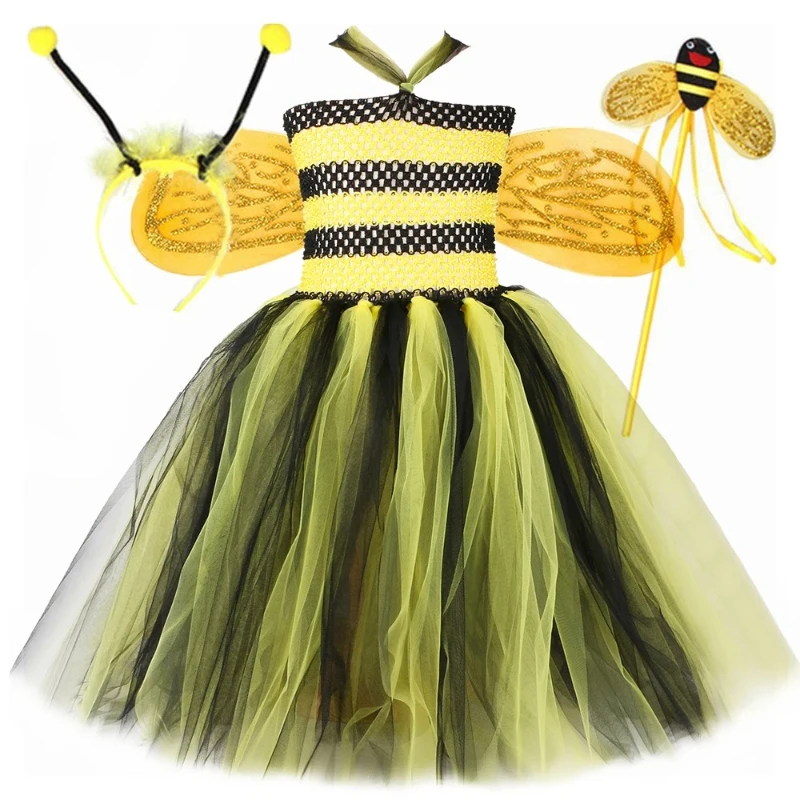 Girls Bumble Bee Costume Kids Black Yellow Striped Honeybee Tutu Dress Ankle-Length Girls Halloween Carnival Party Dress Up Set
