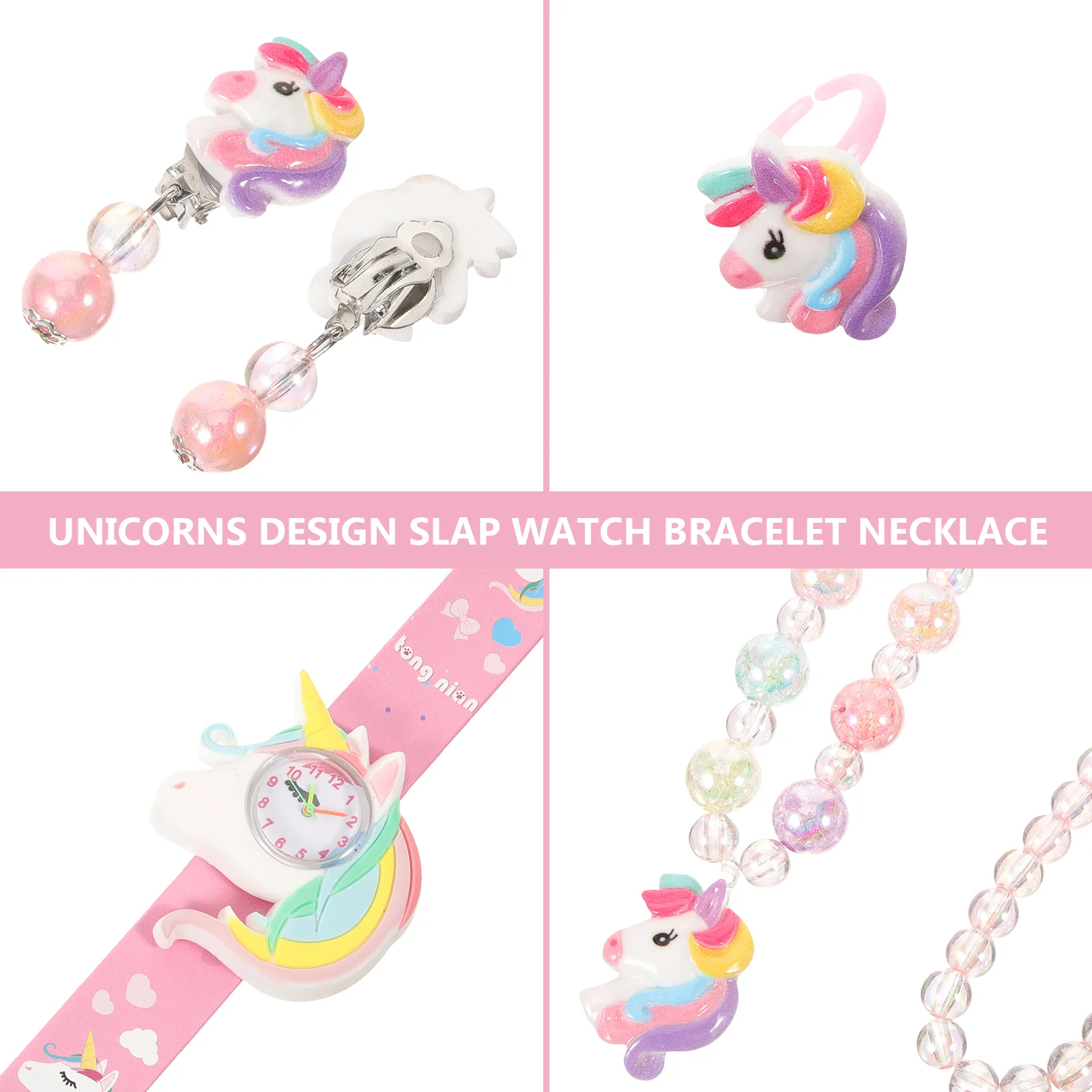 Modisches Einhorn-Set, süßer Silikon-Snap-Ring + Armband, Halskette, Ohrringe, für Mädchen, kleine Geschenke, Uhren, Schmuck