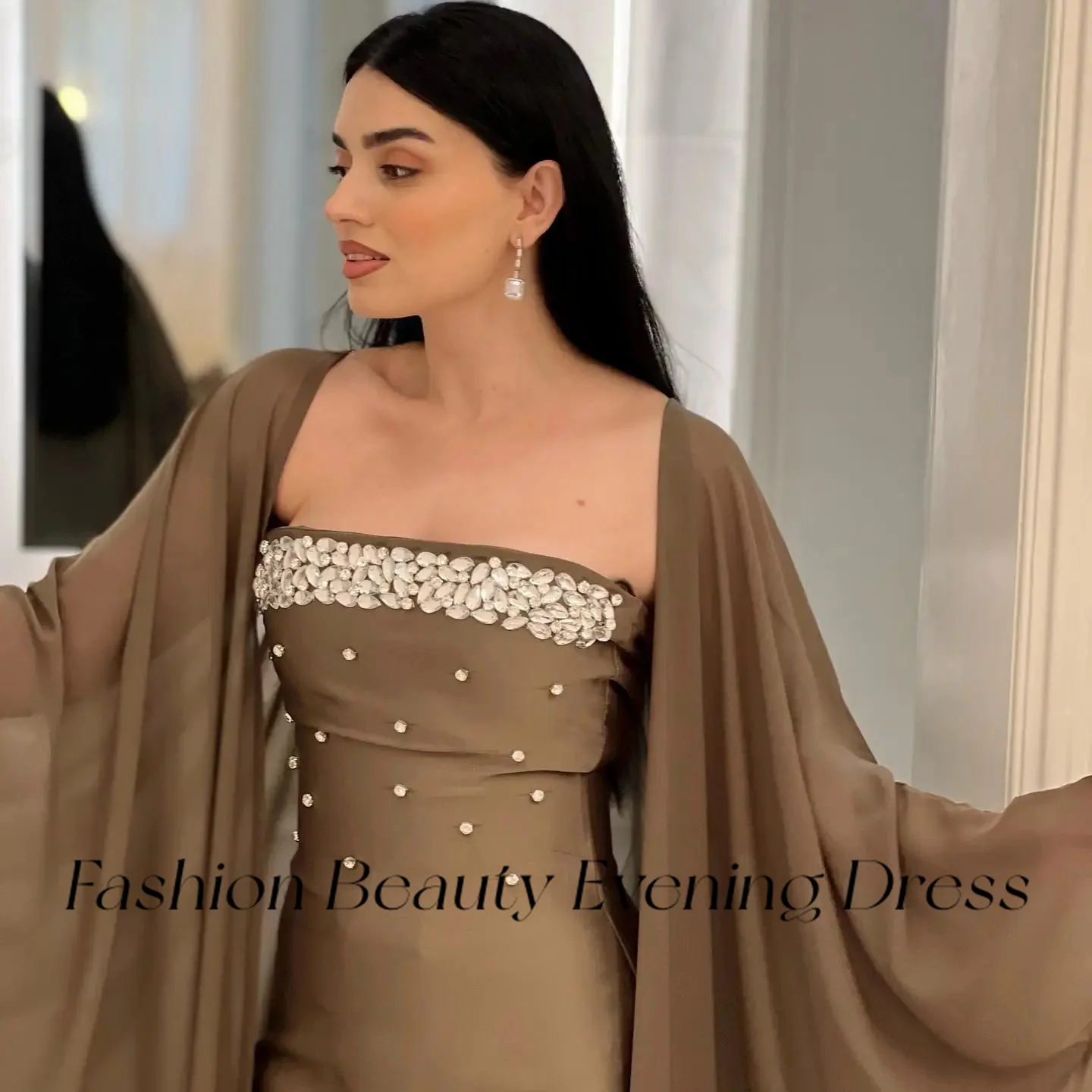 Moda bellezza abiti da sera marroni lsenza spalline in Chiffon di cristallo alla caviglia vestito a occasioni per le donne 2024 vestidos de fiesta